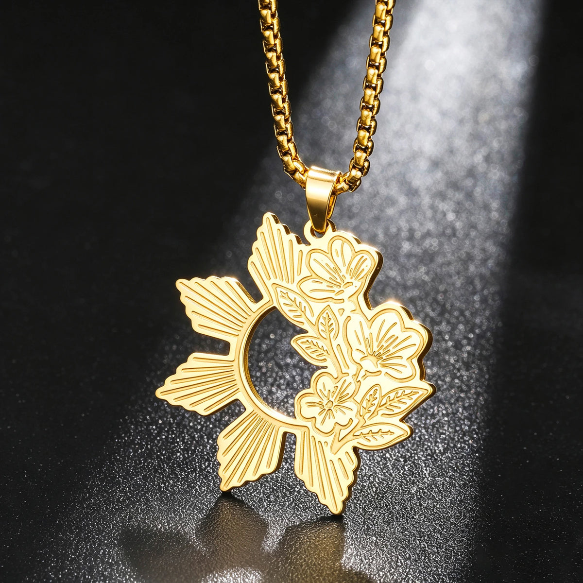Unift Philippine Sun and Sampaguita Flower Necklace Stainless Steel Choker for Women Men National Symbol Sampaguita Jewelry Gift