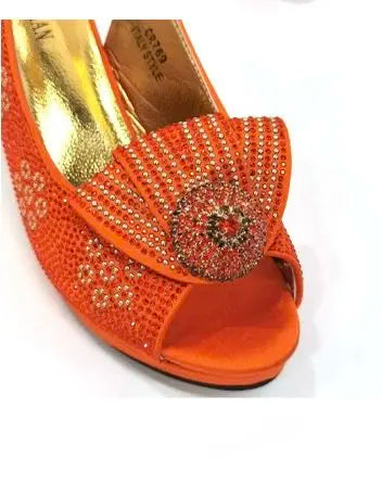 2026 Elegant Orange Peep-Toe Women Heel Pumps Italian Rhinestone Shoes & Bags Matching Set For Wedding Party Evening Occasions