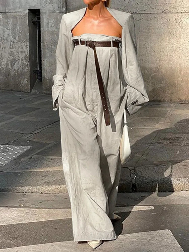 Freeacy Women's Stylish Jumpsuit Set Collarless Long Sleeve Outerwear and Strapless Wide Leg Jumpsuits Summer Loose Fit Suit