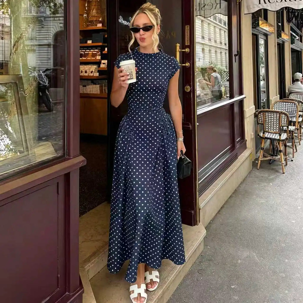 Elegant Polka Dot Long Dress Women's High Waist A-line Maxi Dresses Evening Party Summer Holiday Resort Blue Black Green White
