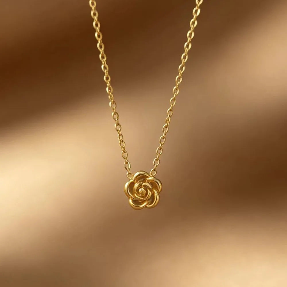 New Exquisite Stainless Steel Camellia Flower Pendant Necklace Bracelet Rings Set for Women Jewelry Sets Sweet Valentine Gifts