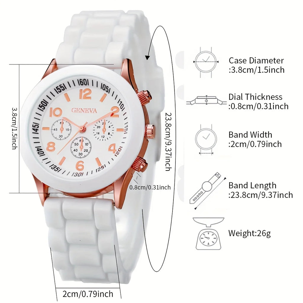 6PCS/Set Women's Watch Casual Silicone Band Analog Quartz Watch Rhinestone Heart Jewelry Set(Without Box)