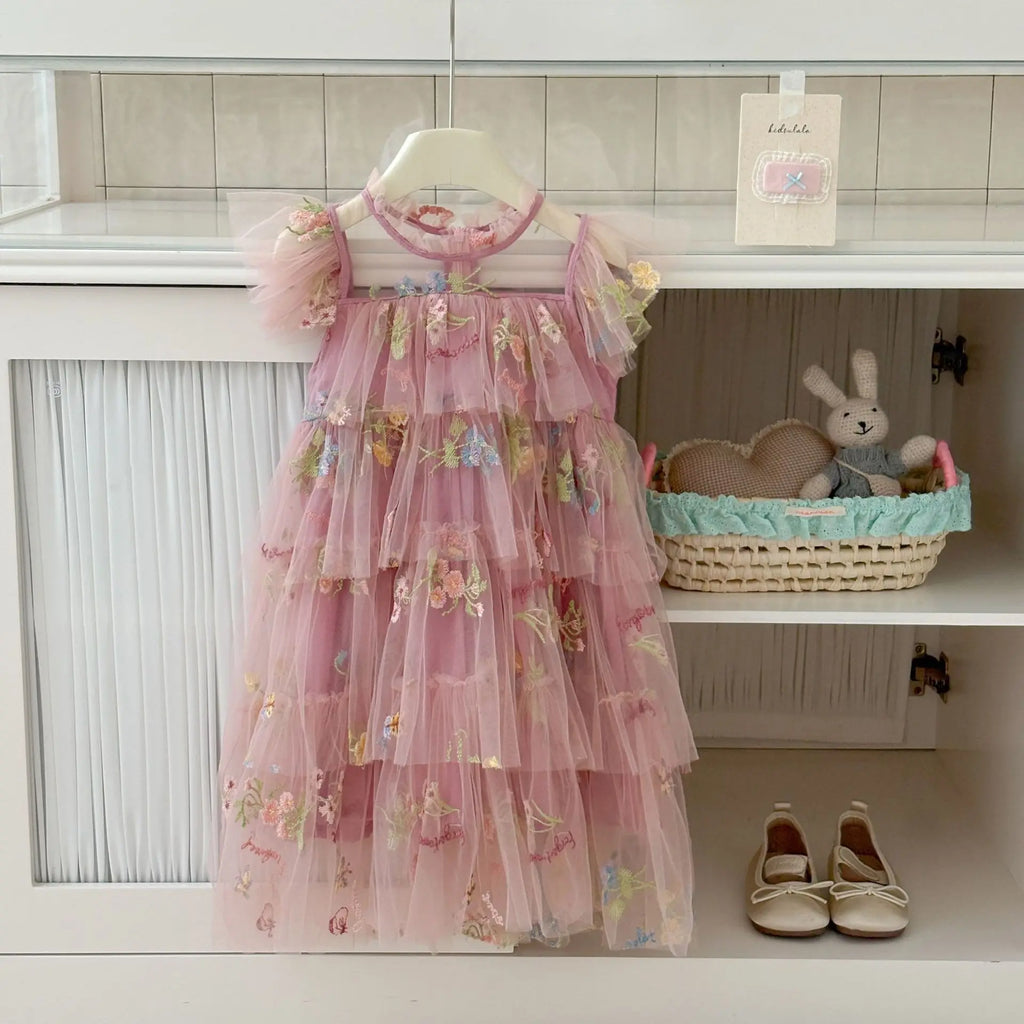 Girls Princess Dress Fairy Tulle Sweet Embroidered Cake Layered Dress for Kids Puffy Mesh Gown Birthday Party Wedding Dress