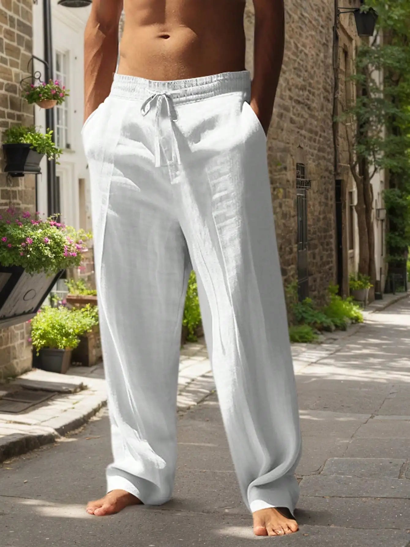 Men Linen Wide Leg Casual Pants Loose Lightweight Trousers Breathable Summer Spring Fall Daily Wear