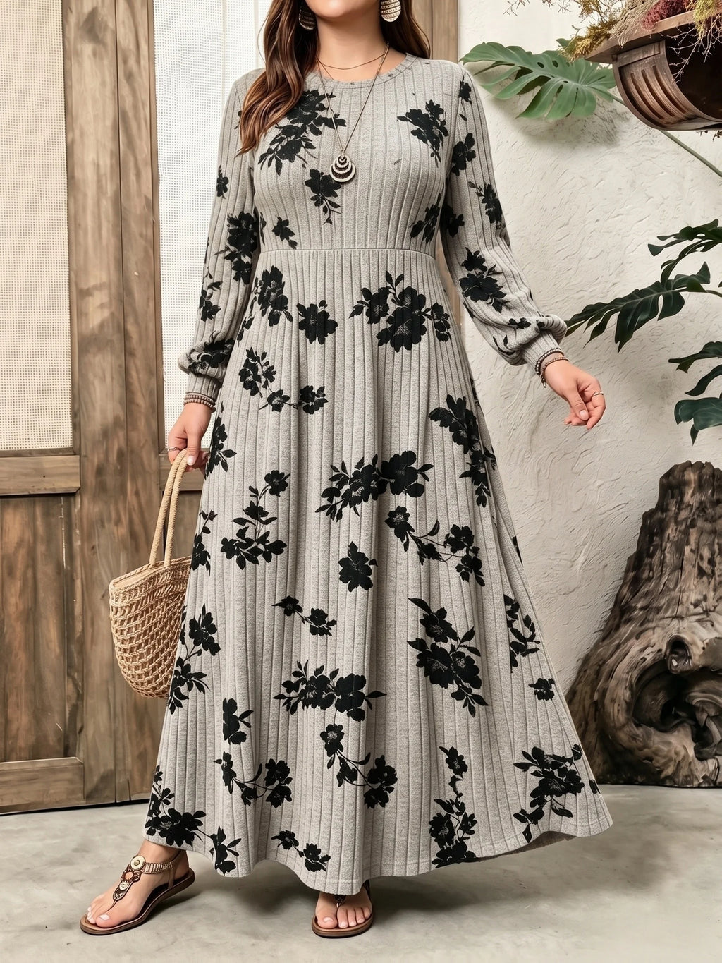 Plus Size Women Floral Print Ribbed Knit Maxi Dress Fall Winter Round Neck Puff Sleeve A Line Casual Long Dress