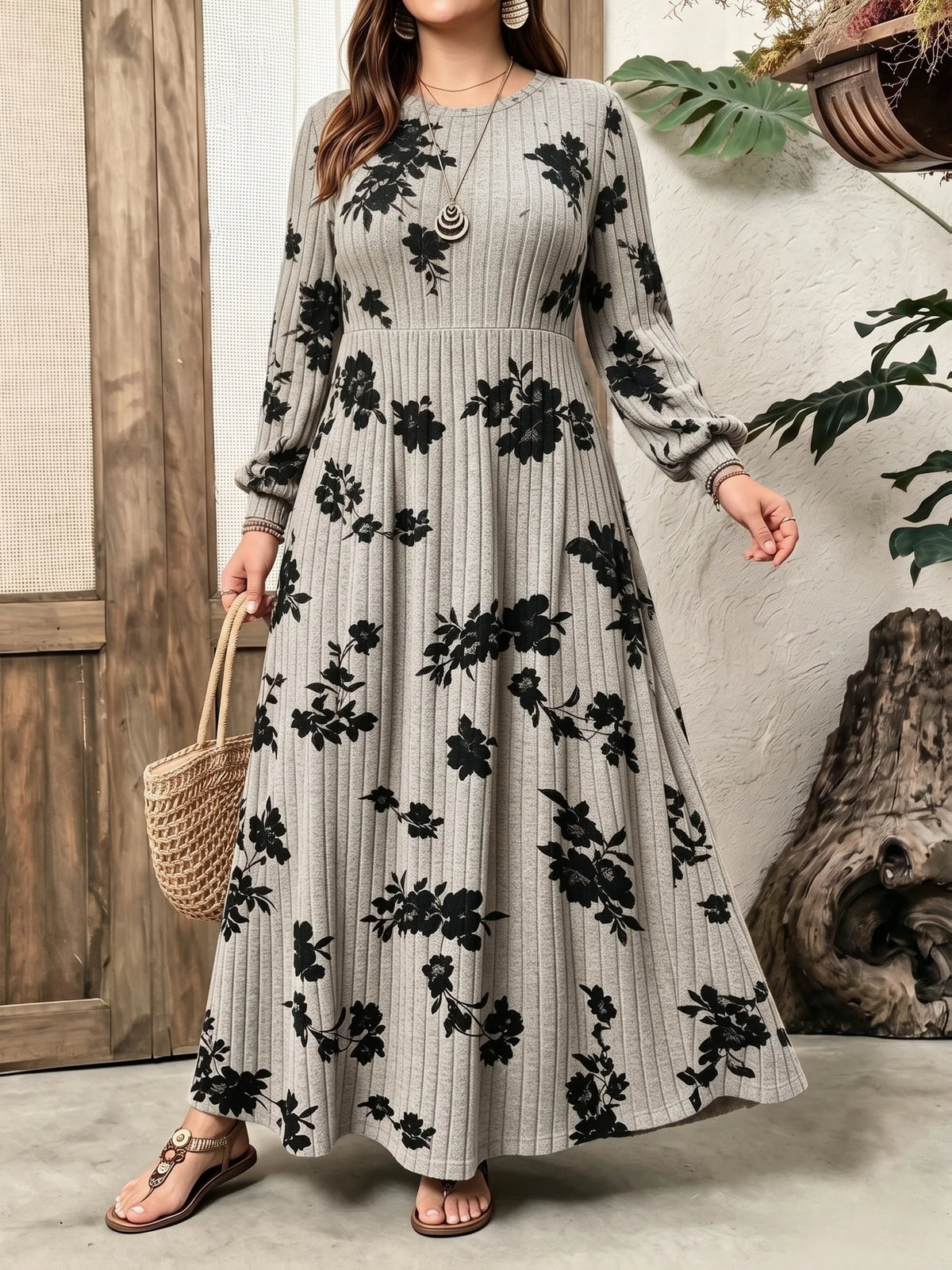 Plus Size Women Floral Print Ribbed Knit Maxi Dress Fall Winter Round Neck Puff Sleeve A Line Casual Long Dress