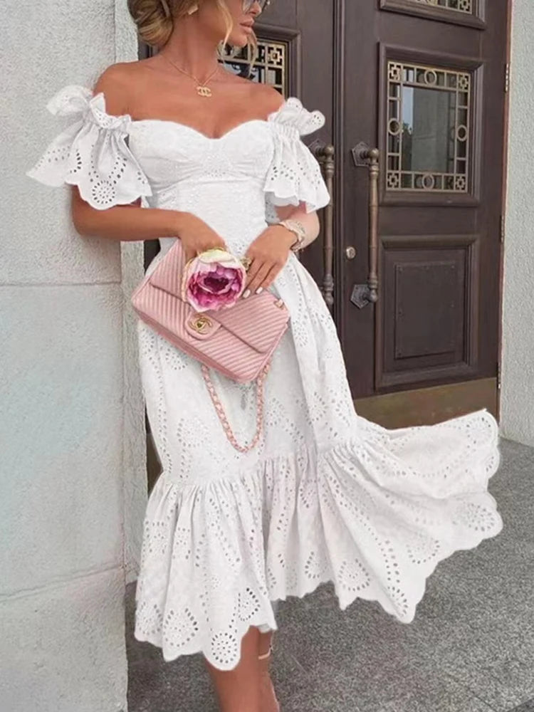 Women Sexy Off Shoulder Lace Long Dress Solid Ruffle Cutout Boho Casual Holiday Beach Elegant Party Dresses  Summer платье
