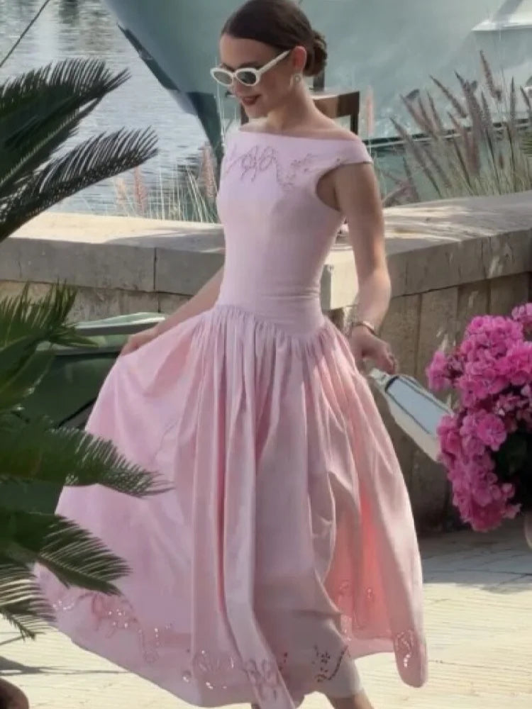 Chic Vintage White Boat Neck Dress Embroidered Cap Sleeve Cutwork Hem High Waist Flowy A-line Gown 2026 New Evening Party Outfit