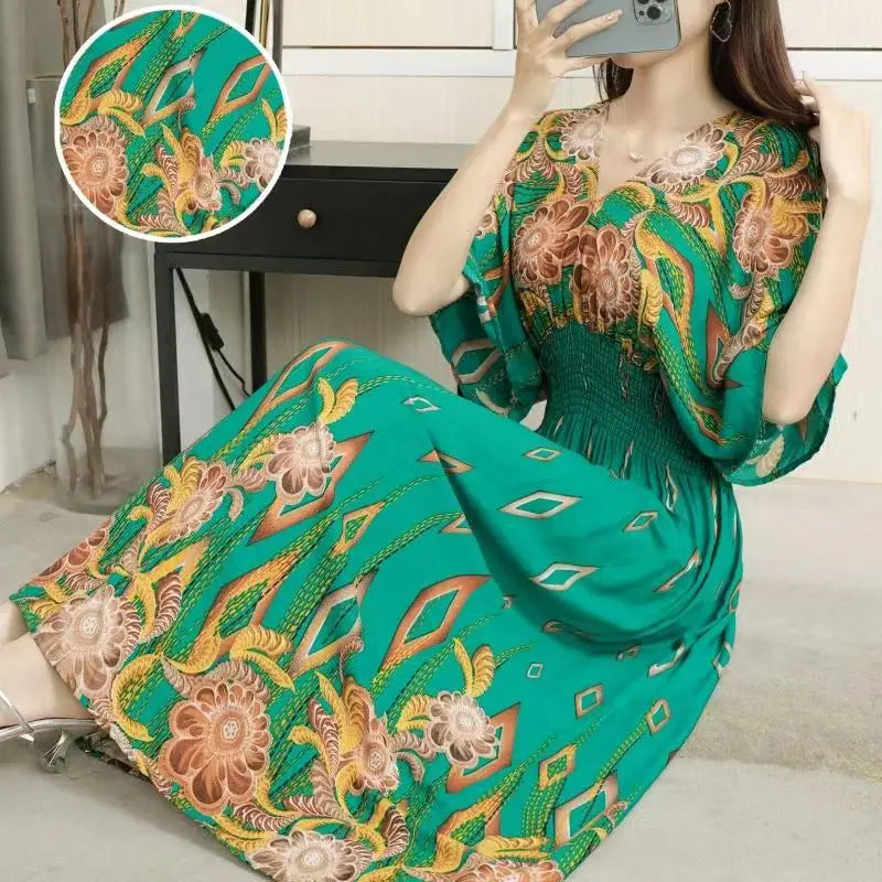 2025 Summer New Casual Elegant Retro Bohemian Style V-neck Elastic Waist Large Swing Printed Long Skirt Autumn Summer Dress