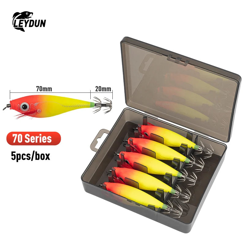 LEYDUN Luminous Horizontal Squid Jig Wood Shrimp Squid Hook 5pcs Fishing Lures LEYDUN Octopus Cuttlefish Shrimp Saltwater Baits