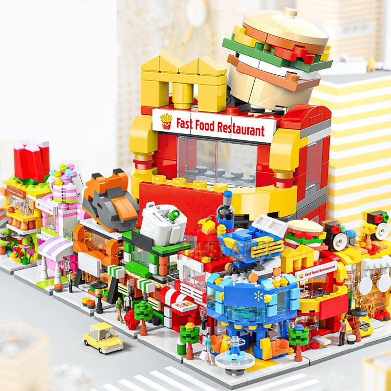 DIY Architecture Store Street View Food House Building Blocks Kit Girls Bricks Classic Movie Model Toys