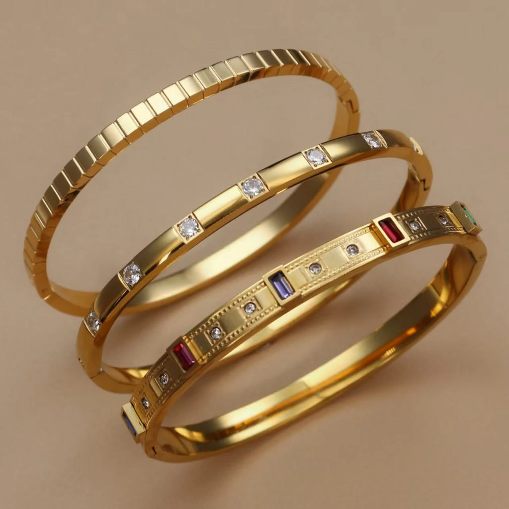 C8 Inlay Square Small Coloured Zircon Stainless Steel Gold Color Stacking Bracelet, Cubic Zircon Design Women's Jewellery Bangle