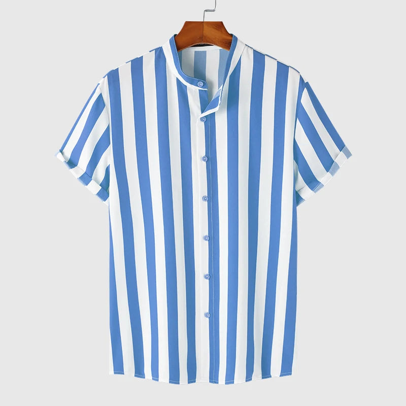 INCERUN Men Striped Shirt Stand Collar Short Sleeve Casual Men Clothing Harajuku Streetwear Summer 2023 Leisure Shirts S-5XL
