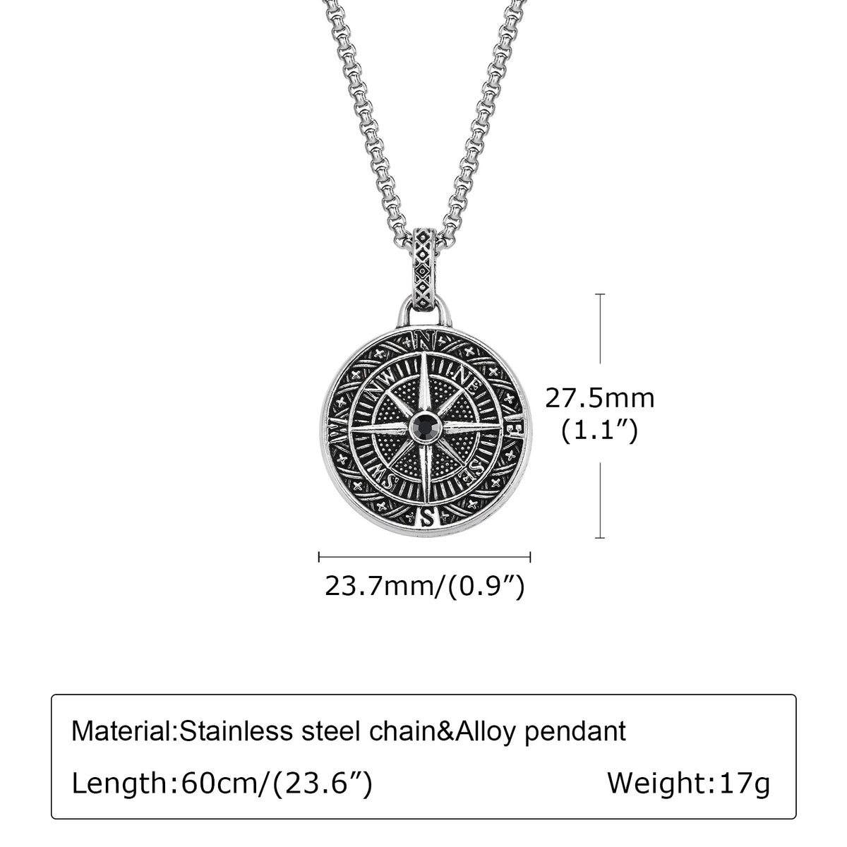 Vintage Compass Pendant Necklaces for Men Boys, Stainless Steel Coin Necklace, Rock Hiphop Collar Graduation Guide Gift