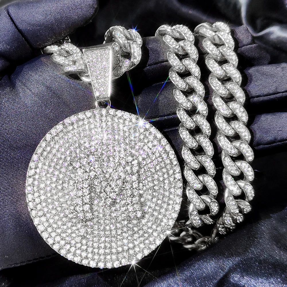 New Bling A-Z Letters Pendant Necklace for Men Women Crystal Miami Cuban Link Chain Round Initials Necklace Fashion Jewelry