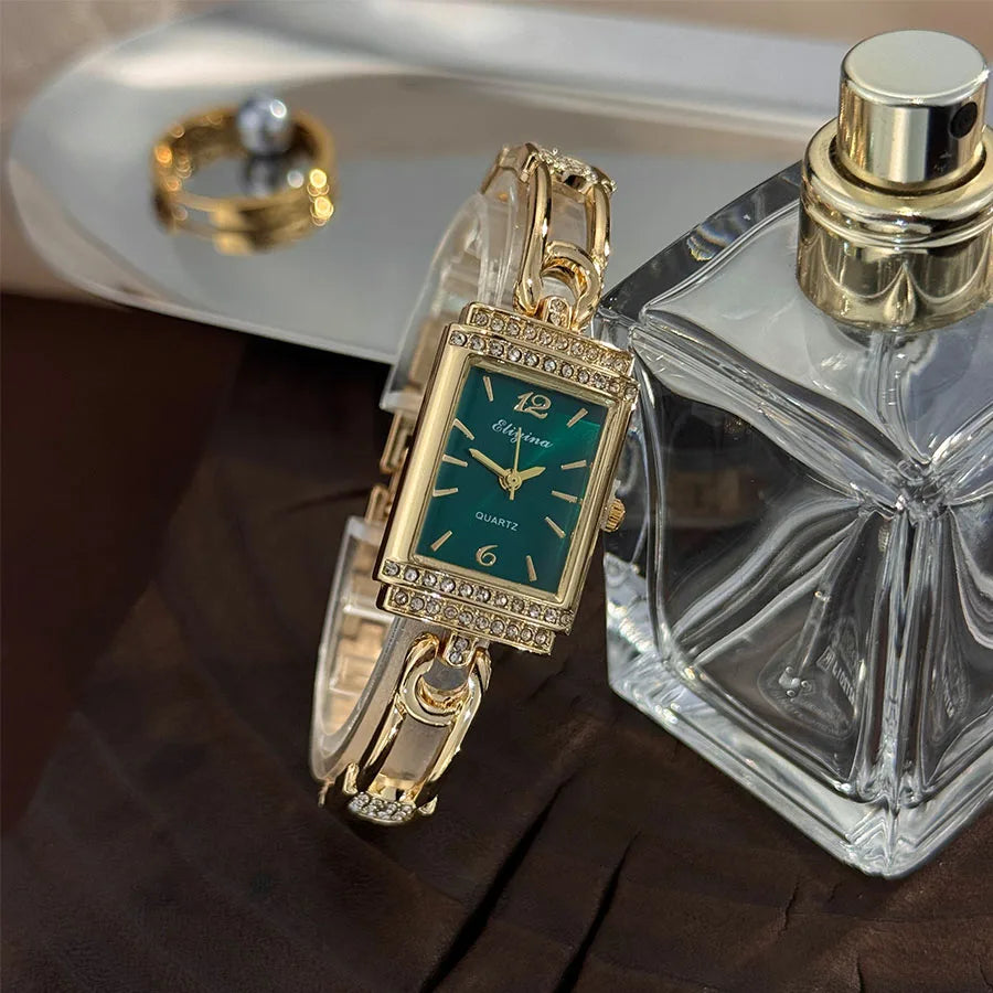 Ladies Fashion Quartz Watch with Diamond-Encrusted Pin Buckle Rectangular Case Popular Cross-Border Sale Elegant Timepiece