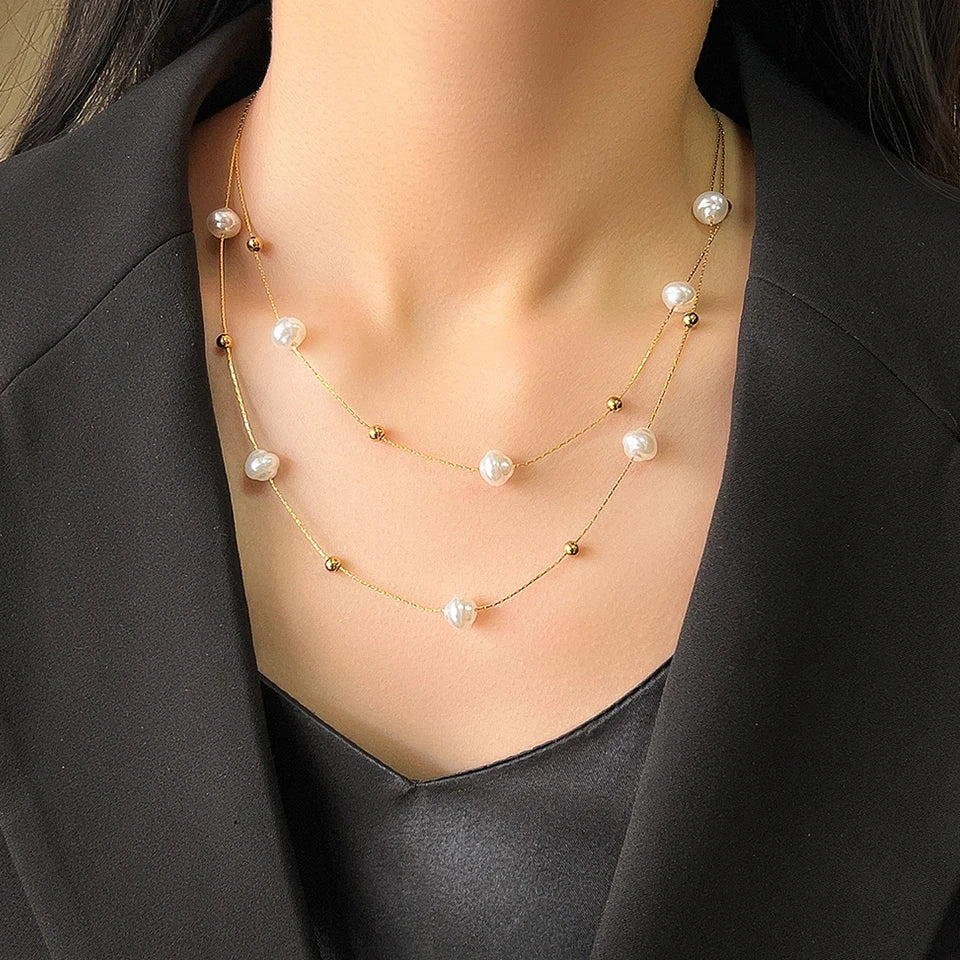Yupsk 316L Stainless Steel Double Layer Pearl Choker Necklace for Women 2in1 Chains Necklaces Bridal Wedding Party Jewelry