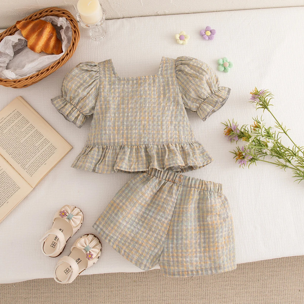 Girls Casual Clothes Outing Summer Baby Girl Colorful Plaid Cotton Set Short Sleeved Tops with Shorts 2 Pieces