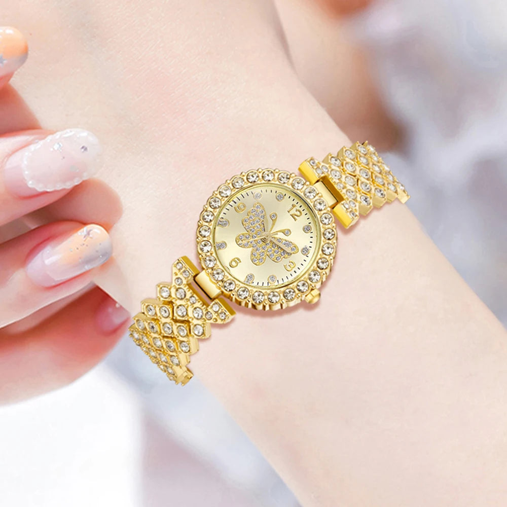 5Pcs/Set Butterfly Unisex Jewelry Watches Women's Wristwatch Accessories Gold Fashion Business Elegant Classic Exquisite Retro Light Luxury Rhinestone Luxury Bracelet Watch Set Y2K Suitable for Daily Outfits and Our Holiday G
