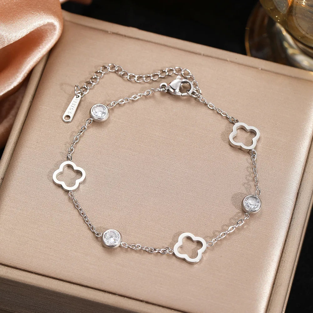 Classic Hollowed-out Four-leaf Flower Zircon Inlaid Stainless Steel Bracelet Trendy Party Clover Jewelry Gift For Women