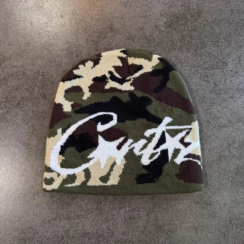 1pc Camouflage Jacquard Knit Beanie Unisex Graffiti Letter Star Pattern Skull Cap Hip‑Hop Street Style Warm Winter Knitted Hat