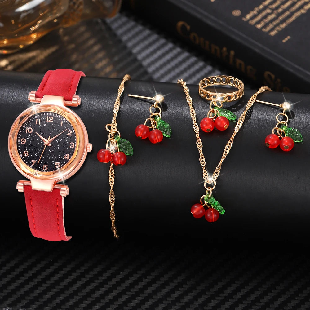 5/6 PCS/Set Red Women's Watch With Minimalist Elements Dial Quartz Watch Latex Strap Cherry Elements Jewelry Set Girl's Gift