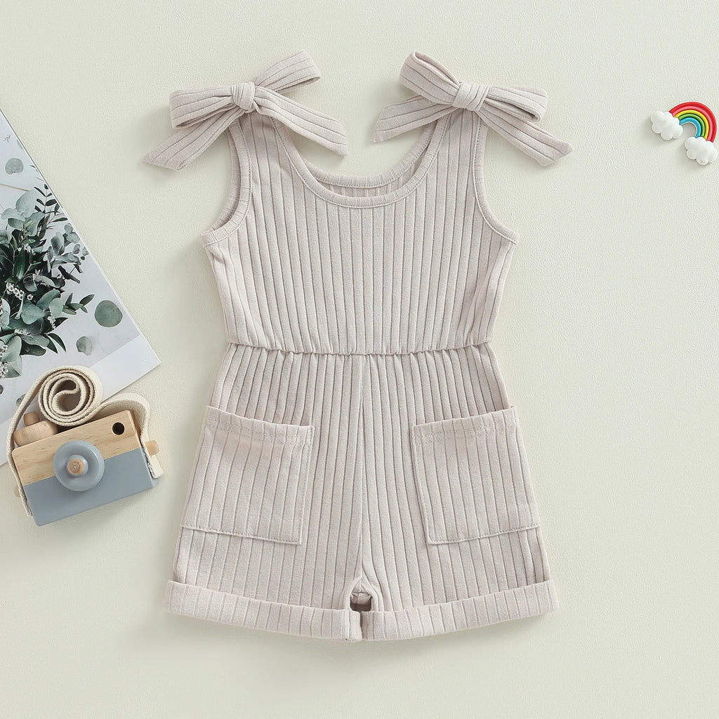 Pudcoco Toddler Kids Baby Girls Sleeveless Romper Solid Color Ribbed Bodysuit Summer Clothes with Pockets 6M-4T
