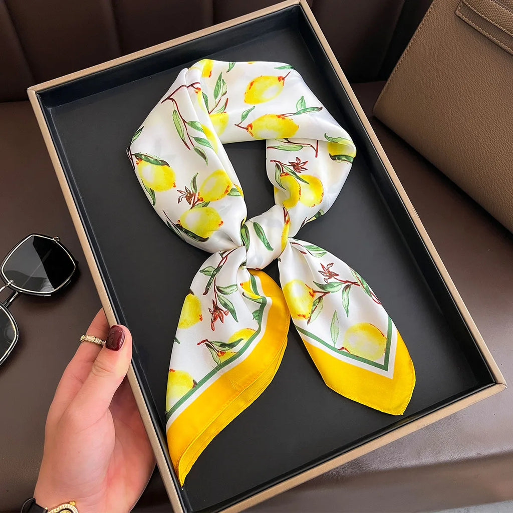 2025 New Yellow Lemon Print Square Silk Scarf for Women 70*70cm Neck Ties Fashion Decorate Neckerchief Female Hijab Bag Ribbions