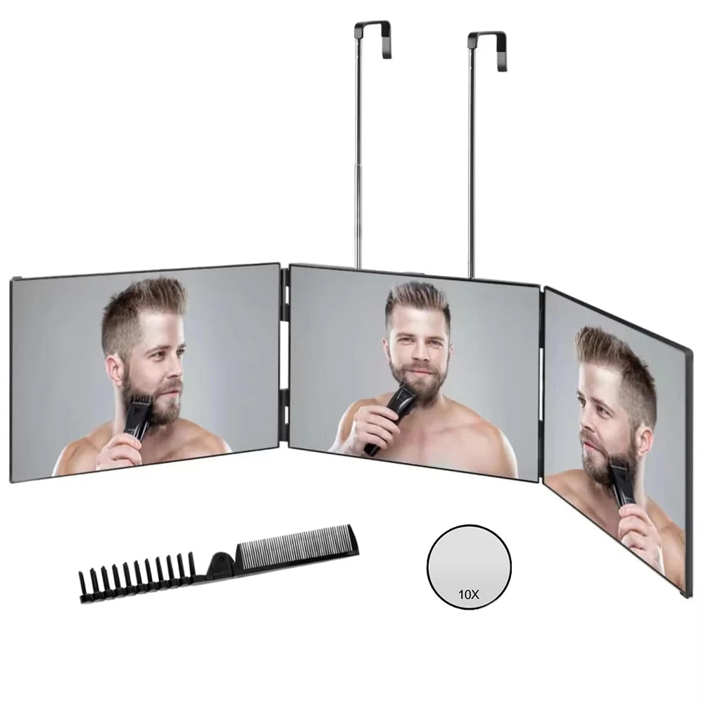 3 Way Compact Mirror for Self Hair Cutting Portable Trifold Cosmetic Mirror Makeup Vanity Mirror for Men and Women Folding Black