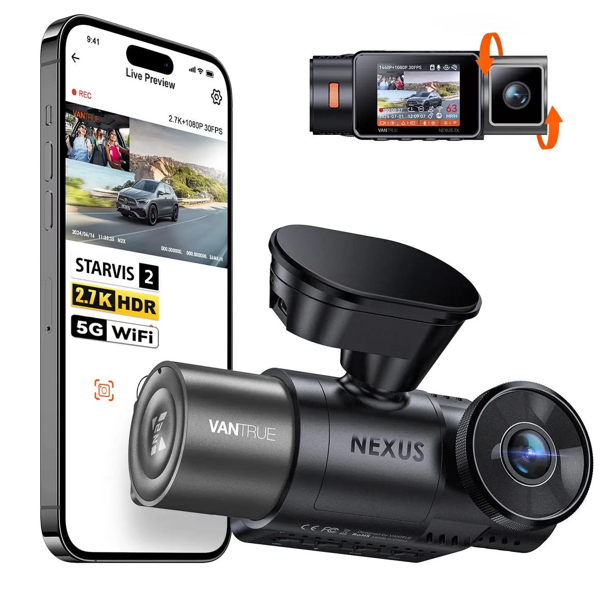Vantrue N2X 2.7K Dash Cam Front and Inside, 5G WiFi Dual Dash Camera for Car with HDR IR Night Vision,  GPS, LTE Support, 60FPS