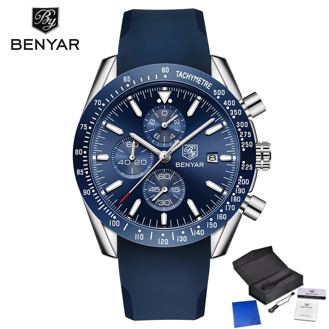 BENYAR Men Watches Brand Luxury Silicone Strap Waterproof Sport Quartz Chronograph Military Watch Men Clock Relogio Masculino
