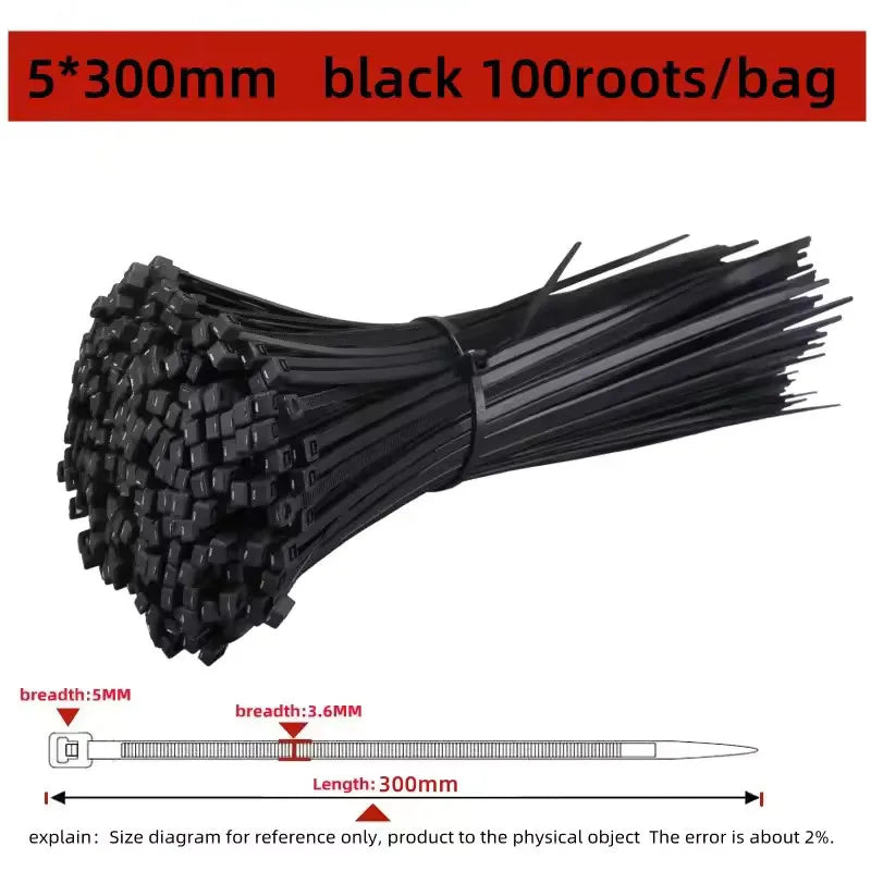 100 PCS Self-locking Plastic Nylon Tie Black Fastening Strap Cable-Tie-Set Cable Zip Tie Fastening Ring Zip Wraps Strap Tie
