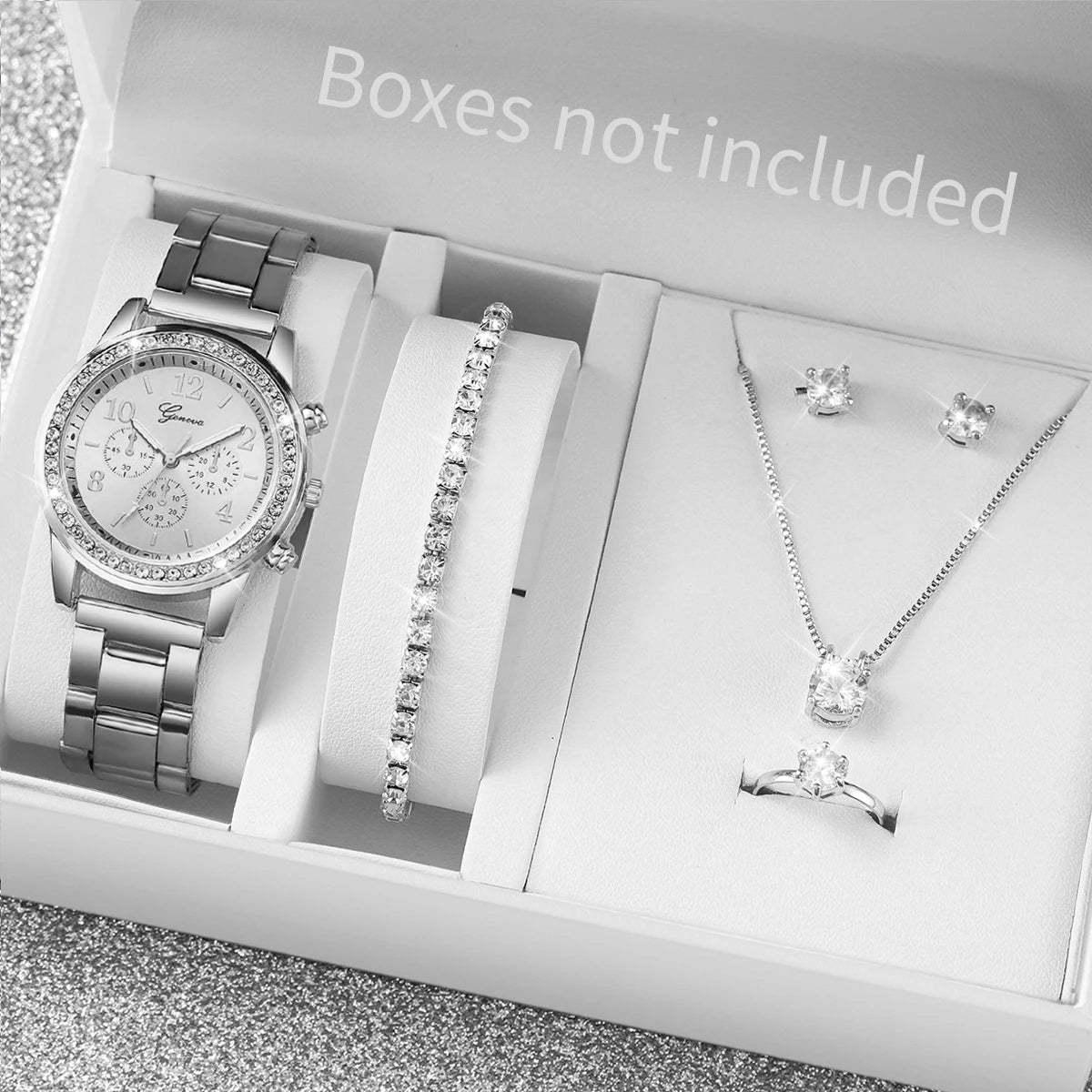 6PCS/Set Women's Watch Fashion Rhinestone Stainless Steel Band Quartz Watch Jewelry Set Reloj Mujer (Without Box)