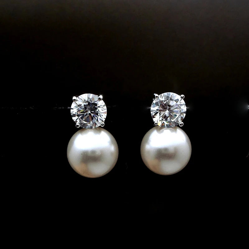 Huitan Dainty Women Imitation Pearl Stud Earrings Silver Color Eternity Wedding Earrings Daily Wear Temperament Elegant Jewelry