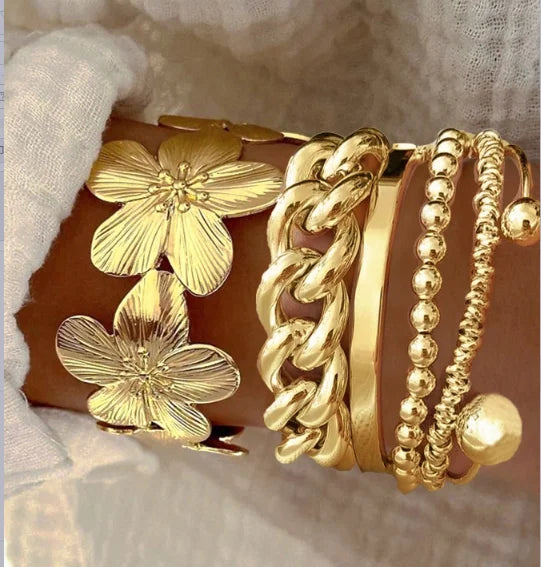 Vintage Elegant Multi-Piece Stacking Bracelets Set Fashion Minimalist Delicate Floral Geometric Smooth Bangle Holiday Jewelry