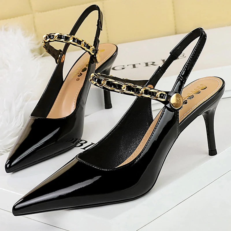 BIGTREE Shoes Metal Chain Women Pumps Patent Leather New Women 7 Cm 9.5 Cm Heels Women Summer Stilettos Sandals High Heels