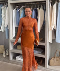 Elegant Women High Neck Lace Satin Patchwork Maxi Dress Long Sleeve Hollow Back Mermaid Hem Female Wedding Guest Party Dress