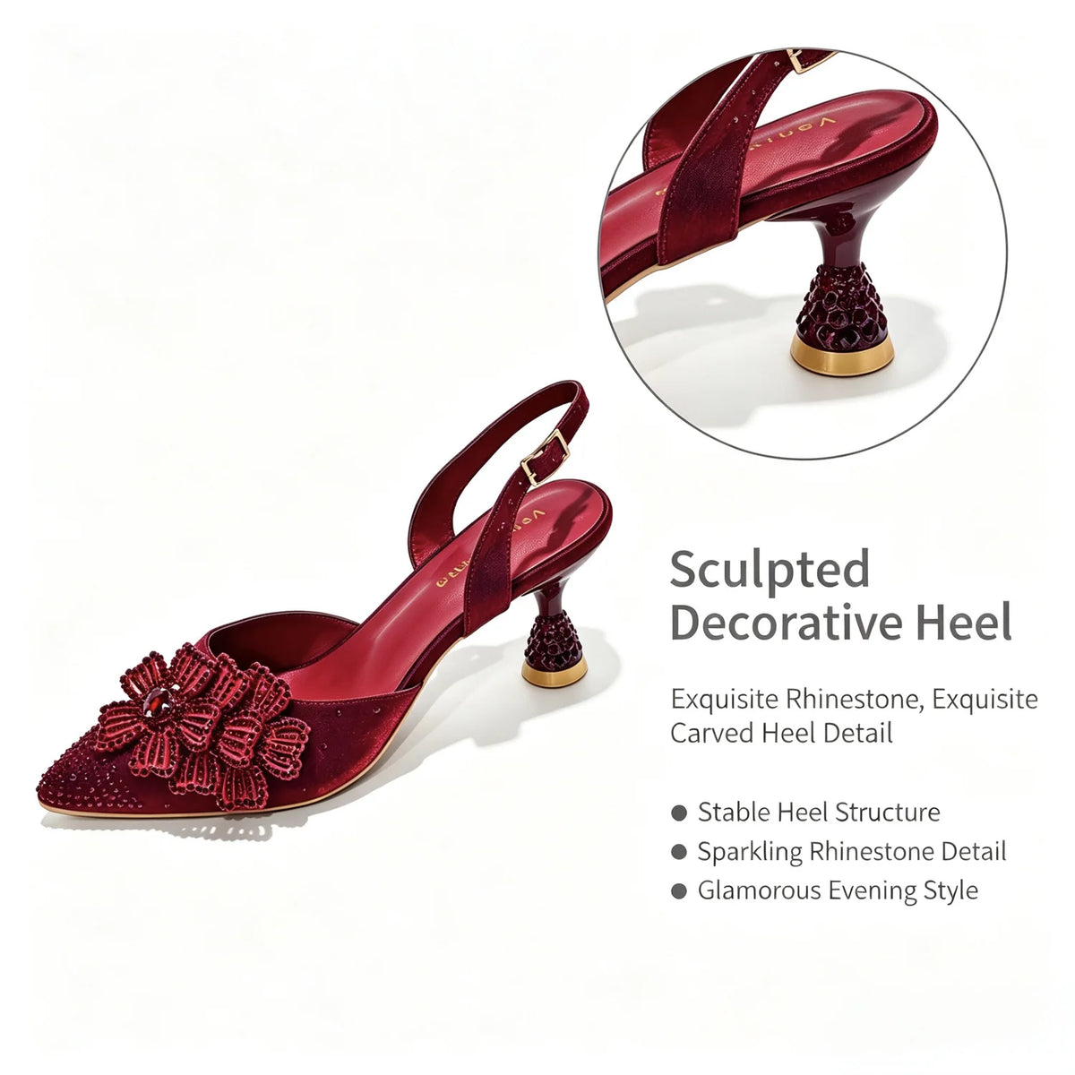Luxury Women's Satin Slingback Heels with Rhinestone Embellishments & Pointed Toe - Stunning 3D Floral High Heels Ideal