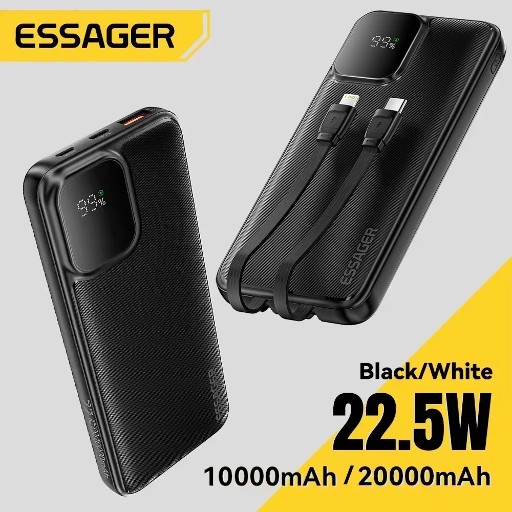 Essager Portable Power Bank 20000mAh with Two Built-in Cables External Battery PD 22.5W Fast Charging For iPhone 18 17 16 Xiaomi