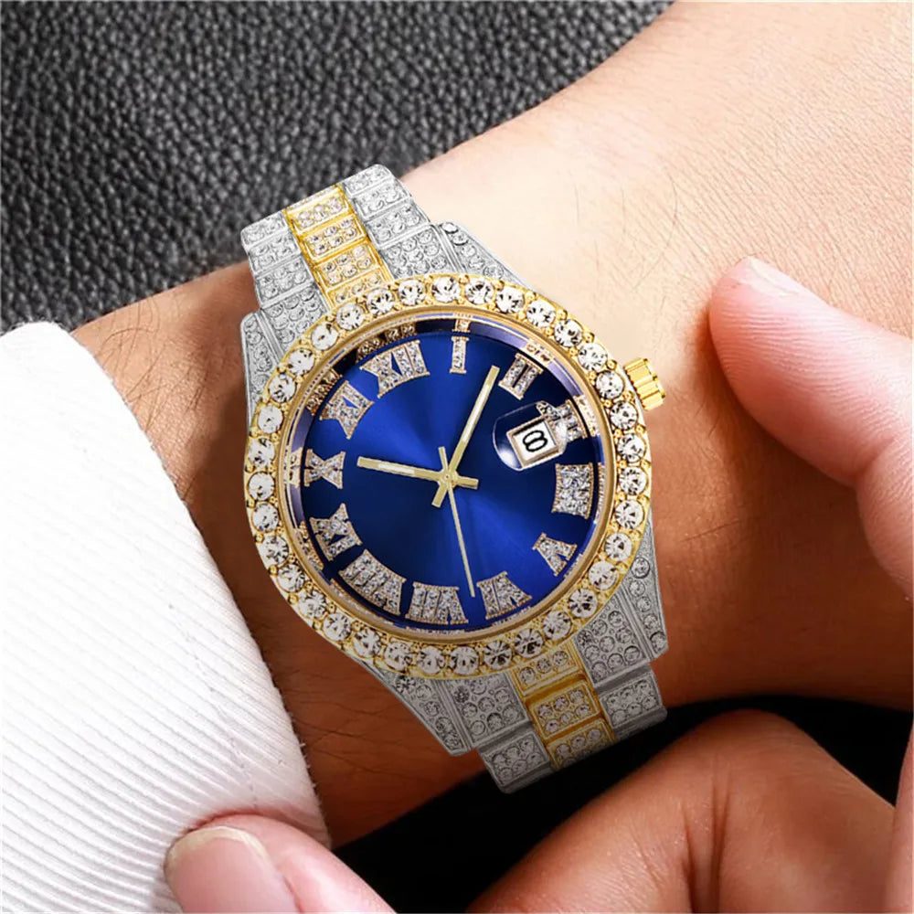 2PCs Fashion Luxury Full Diamond Steel Band Calendar Roman Scale Men's Steel Band Quartz Watch with Diamond Chain Bracelet Gift