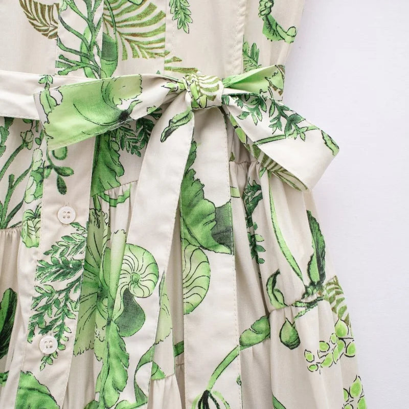 Women’s Summer Green Floral Print Short Sleeve Tie Waist Dress Casual Daily Wear Loose Fit Comfortable Style