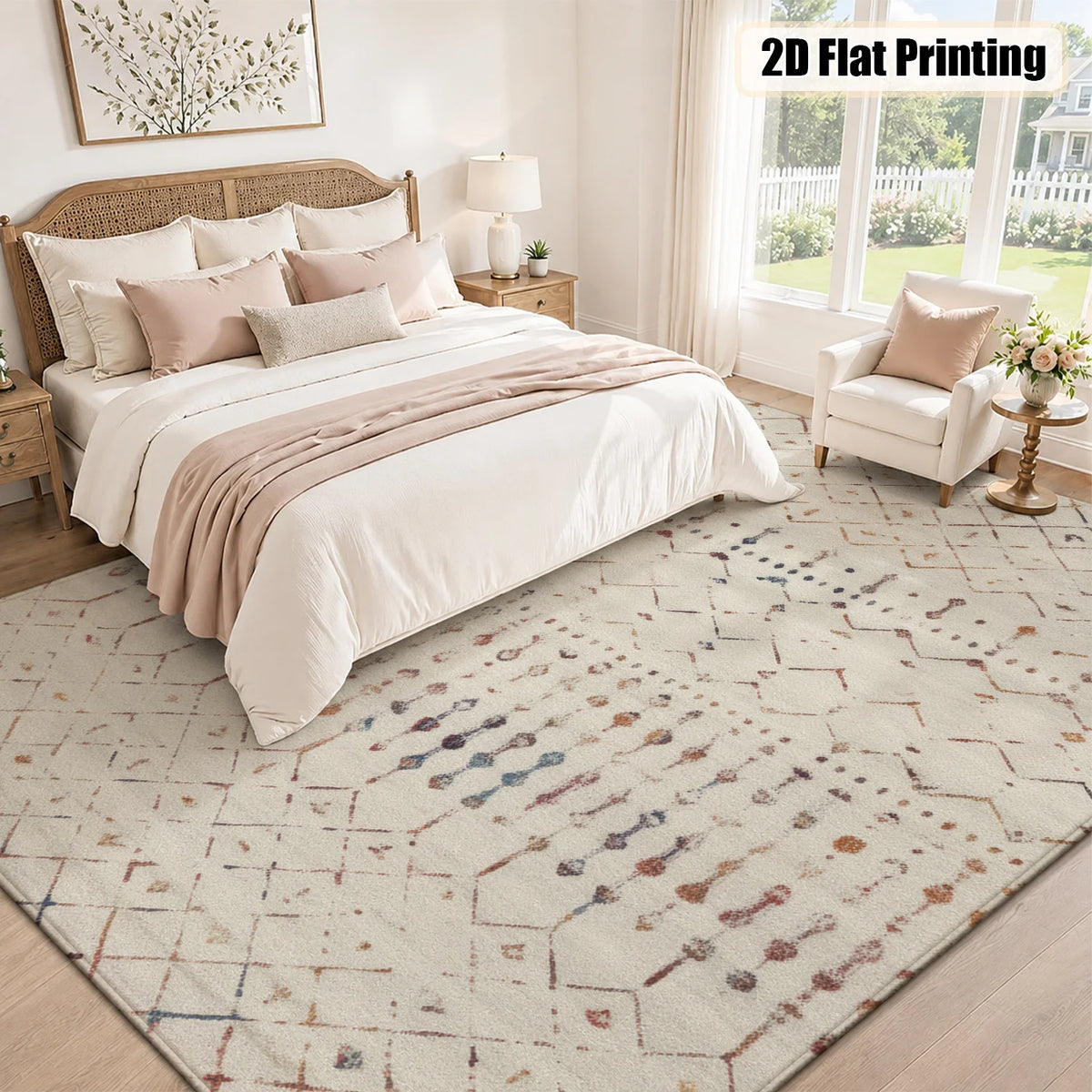 Large Indoor Area Rug, Soft Velvet Low Pile with Non-Slip Dotted Backing, Machine Washable Cream Tribal Geometric Accent Rug for Living Room, Bedroom, Entryway and Dining Spaces
