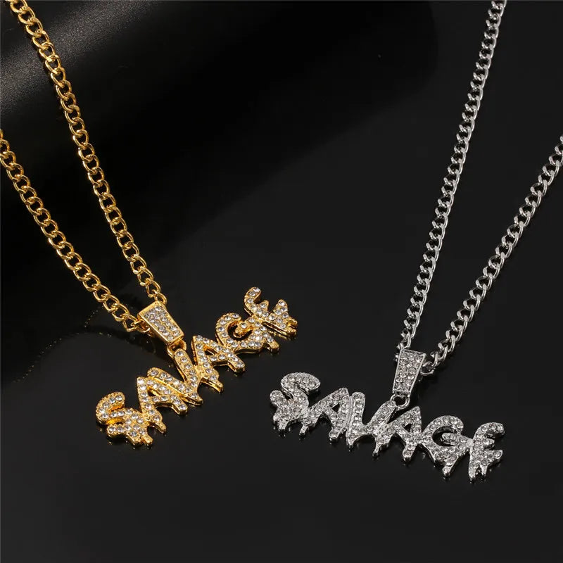 Bling Bling Savage Letter Necklace & Pendant Shiny Ice Out Link Chain Necklace With Tennis Chain Choker Hip Hop Jewelry for Men