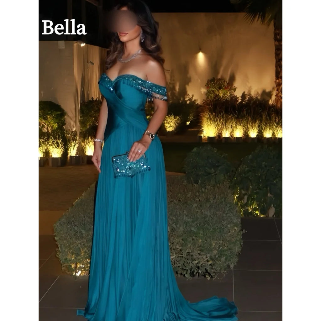 Bella Customized Square Collar Glitter Fabric Prom Dress Pleats vestidos de noche Tra‑length Elegant Luxury Evening Dresses 2026