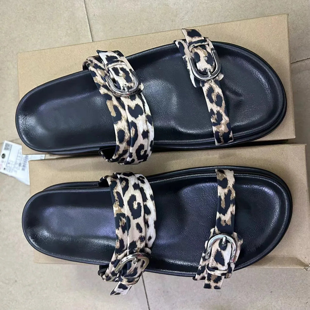 Women's Leopard Print Platform Sandals 2026 Summer Chunky Double Buckle Design Casual Beach Shoes Open Toe Flat Footwear