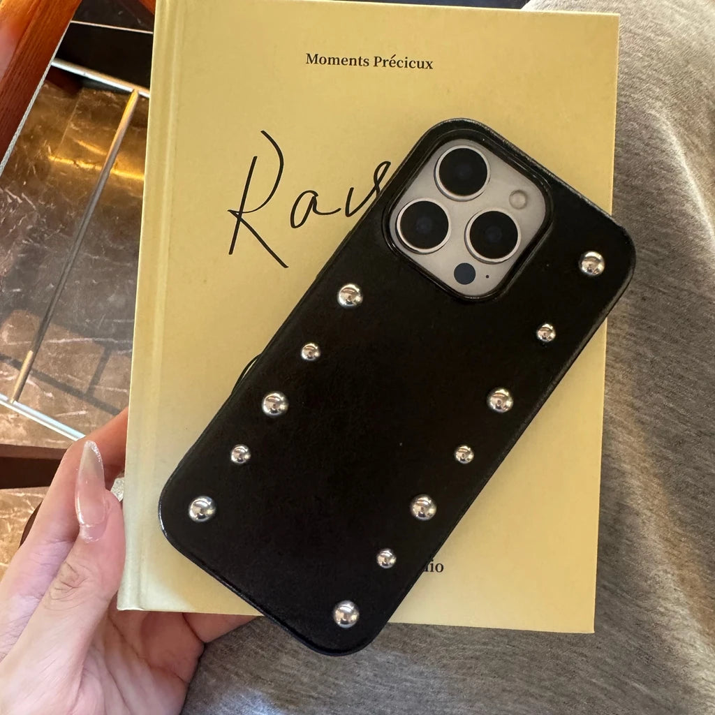 Advanced Black Leather Stereoscopic Metal Rivets Round Bead Shock Proof Phone Cover Case for iPhone 17 16 15 14 Pro Max 17Air