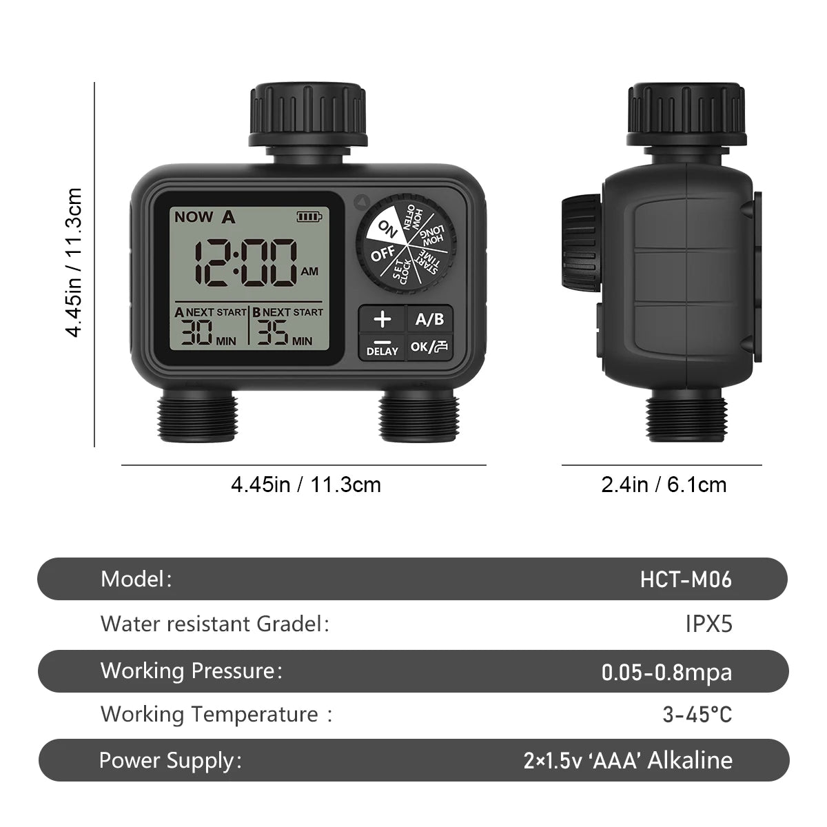 HCT-M06 Eshico 2-Zone Water Timer Automatic/Manual Sprinkler Digital Knob Set Quick Connector Smart Rain Delay Independent Water