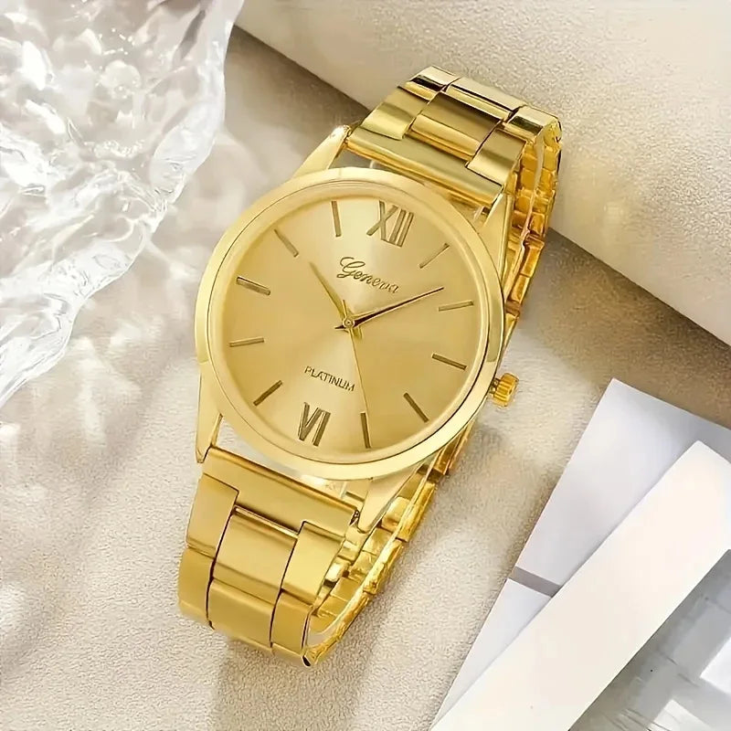 6PCS Women's Watch Fashion Gold Steel Band Quartz Watches Bracelets Set（Without Box）