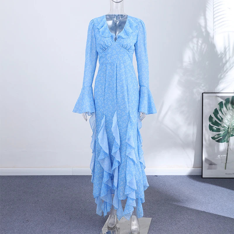 Women Printed V Neck Long Dress Flared Sleeve Lotus Leaf Edge High Waist Slim Fit Maxi Dresses Lady Elegant Evening Party Dress