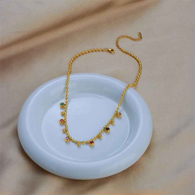316L Stainless Steel Multicolor Crystal Zircon Necklace For Women Fashion Lady Ball Chain Wedding Party Jewelry Gifts